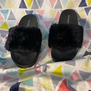 Steve Madden Black Fuzzy Slides